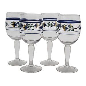 4 Dansk San Nicolo Floral Wine Glasses 8" painted flowers blue yellow goblets